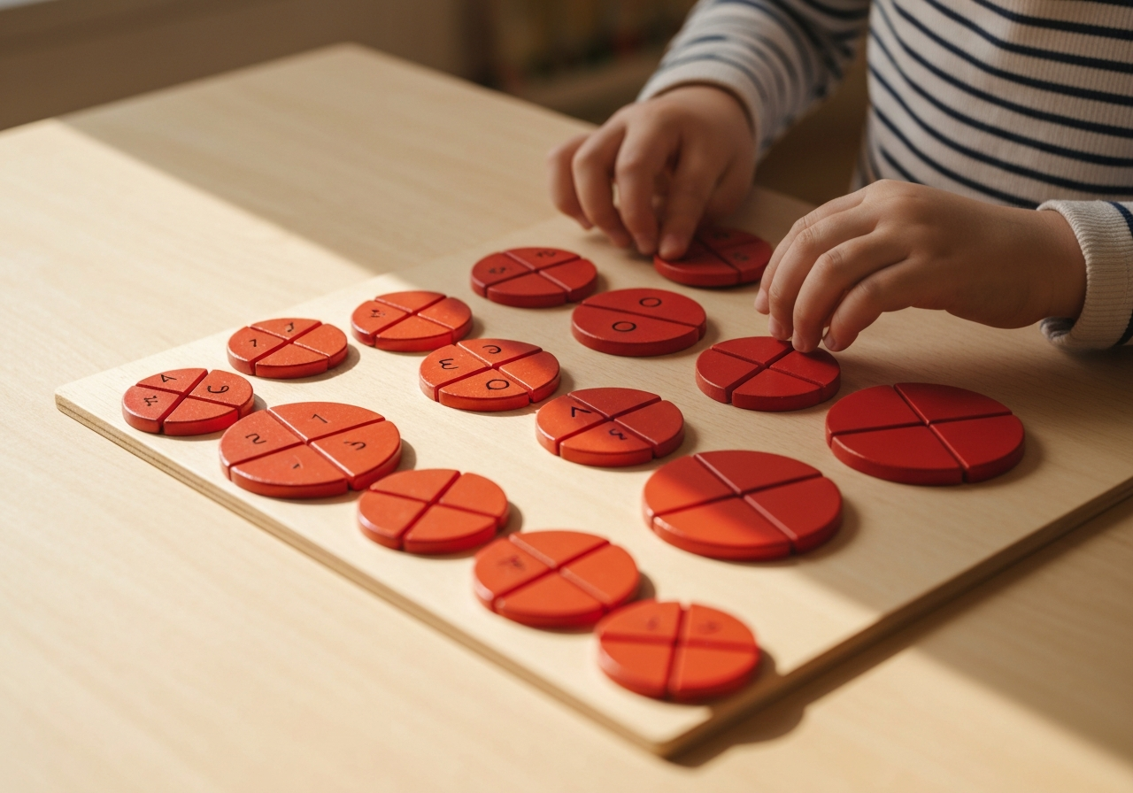 Material concreto Montessori de frações: círculos de madeira divididos em partes, sobre uma mesa